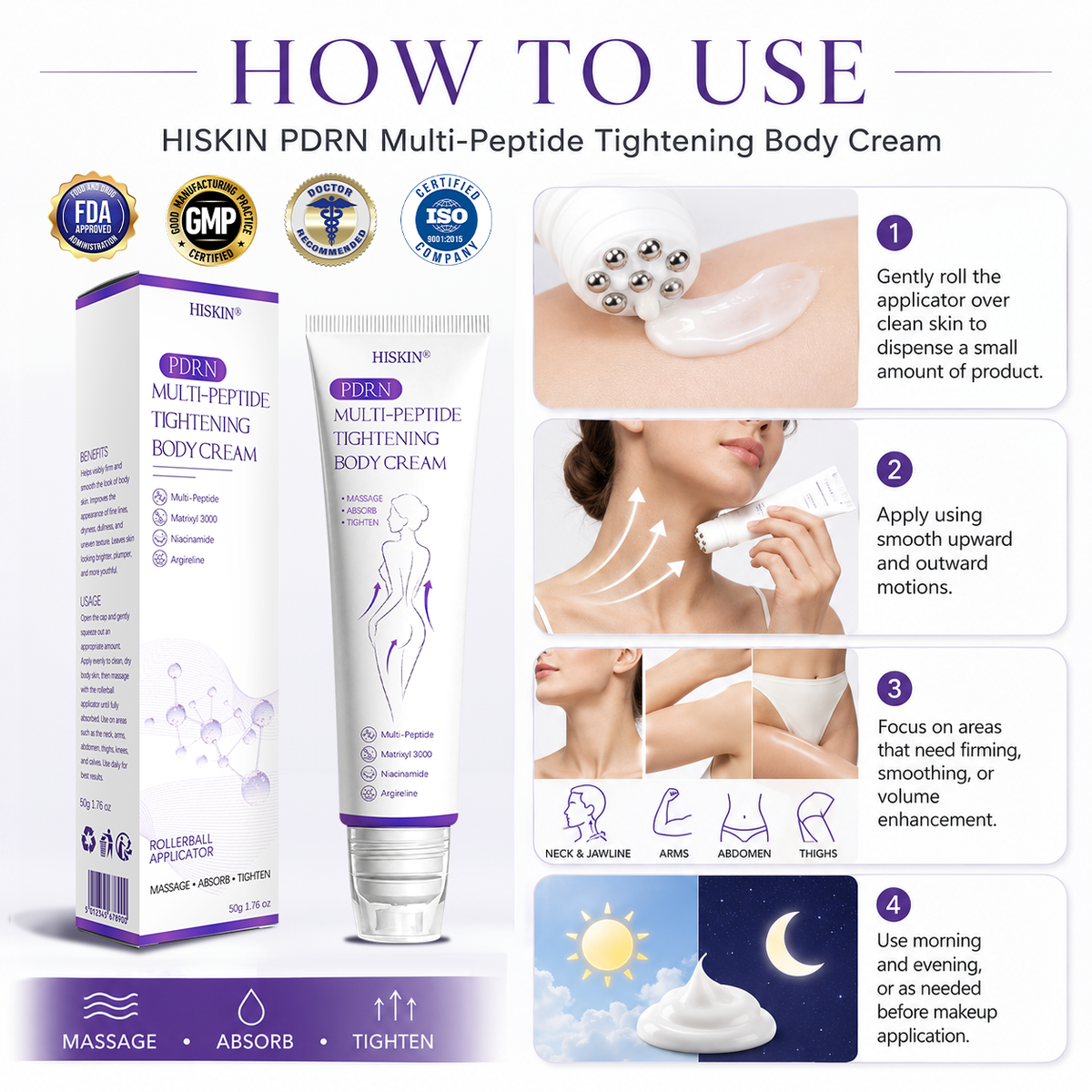 FDA Official: HISKINÂź PDRN Multi-Peptide Massaging Body Roller Cream- Anti-aging, Hydrating, Skin Firming & Lifting, Skin Repair, Even Tone, Acne and Dark Spot Treatment, Wart and Mole Removal, and Psoriasis Relief.