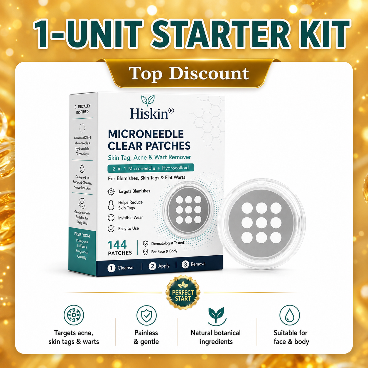✨Hiskin ® 2-in-1 Microneedle & Hydrocolloid Patch🍀 | Removes raised moles, acne, flat warts, and skin tags | Helps improve wrinkles, scars, and blemishes | Invisible patches for face and body